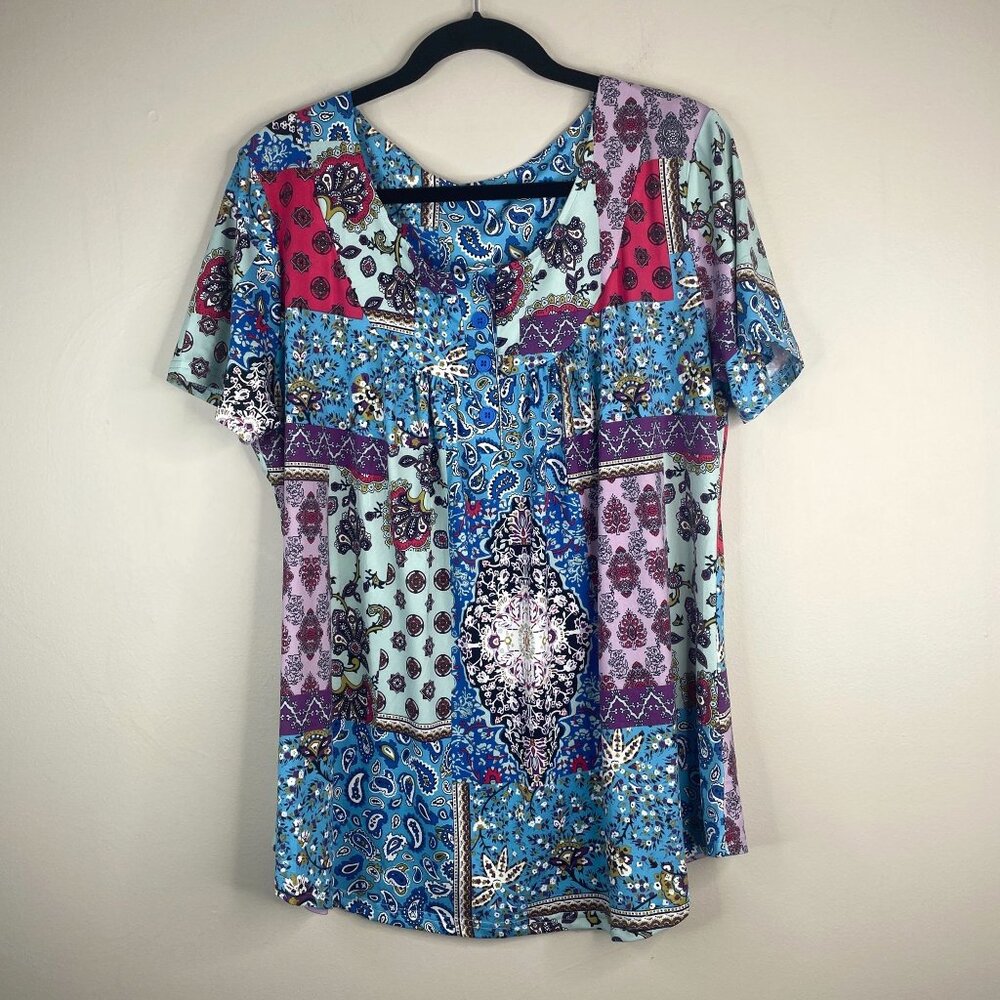 Boutique‎ Patchwork Print Top Womens 2XL Pullover Colorful Country Granny Comfy